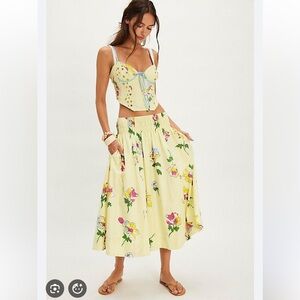 Free People Luca Printed Bustier Corset Top & Midi Skirt Vintage Set L